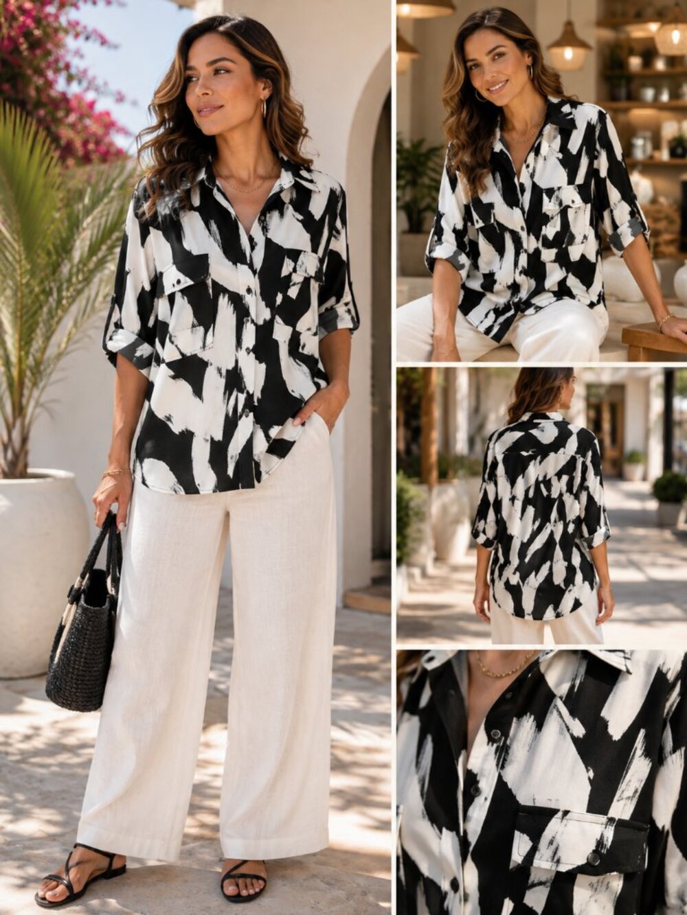 DKNY Black & White Abstract Print Button Down Blouse Size L NWT